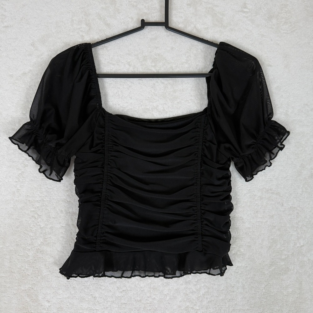 FOREVER 21 Ruched Mesh Square Neck Puff Sleeve Top Size S Milkmaid Romantic Goth